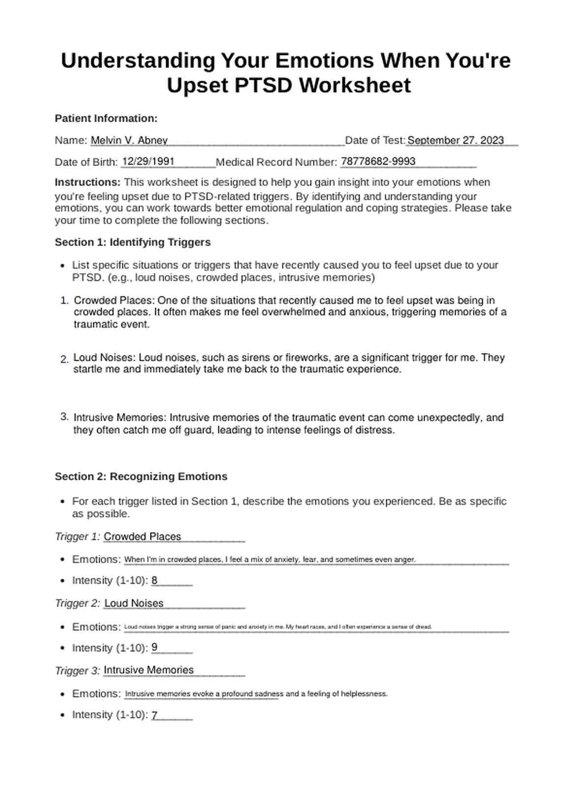 Understanding Your Emotions When You're Upset PTSD Worksheet PDF Example