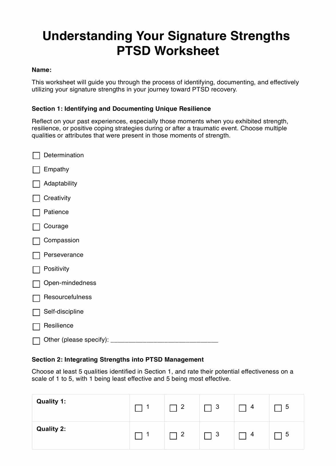 Understanding Your Signature Strengths PTSD Worksheet PDF Example