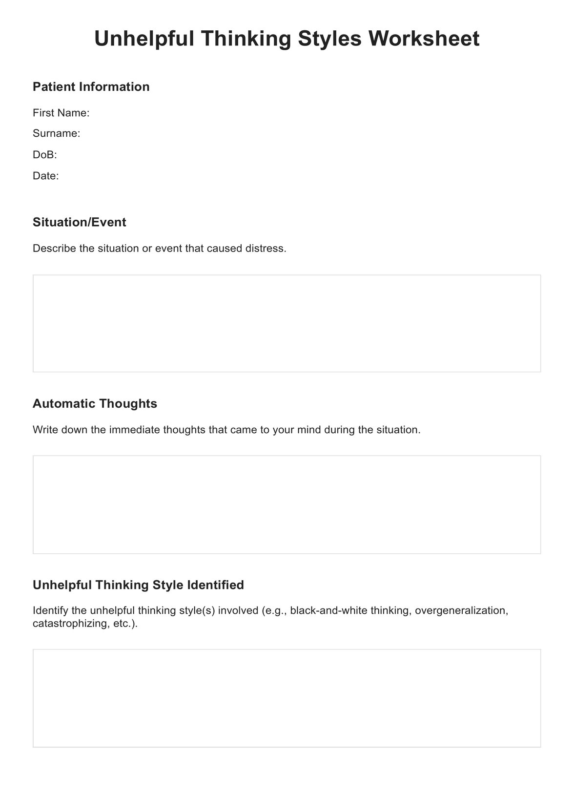 Unhelpful Thinking Styles Worksheet PDF Example