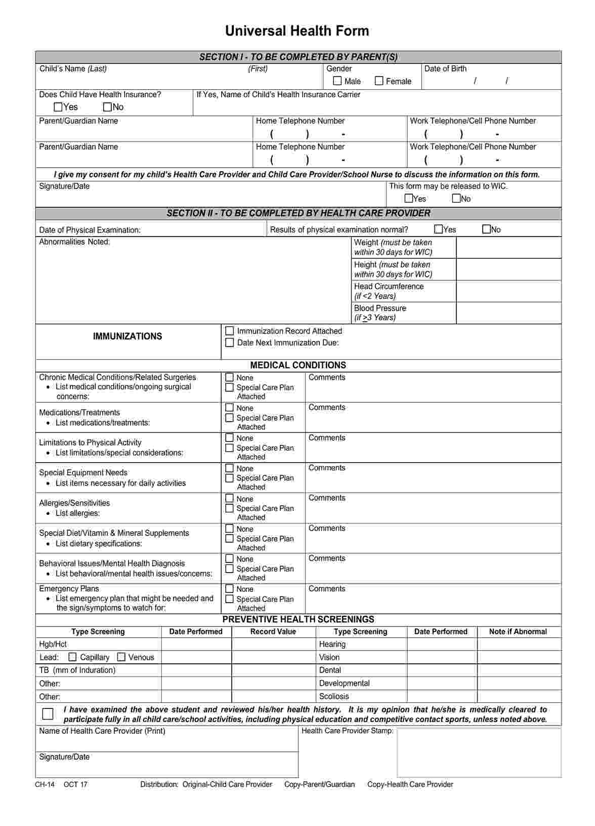 Universal Health Form PDF Example