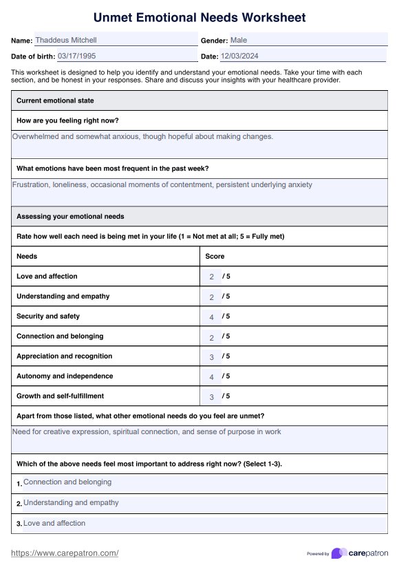 Unmet Emotional Needs Worksheet PDF Example