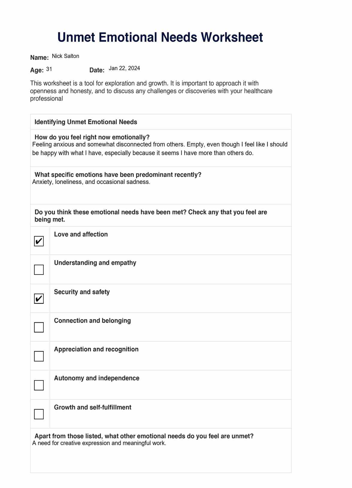 Unmet Emotional Needs Worksheet PDF Example