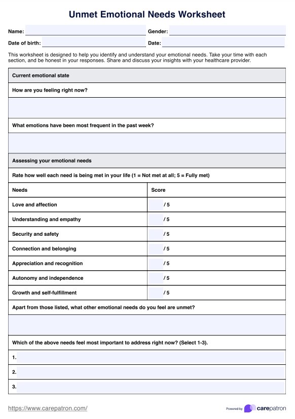 Unmet Emotional Needs Worksheet PDF Example