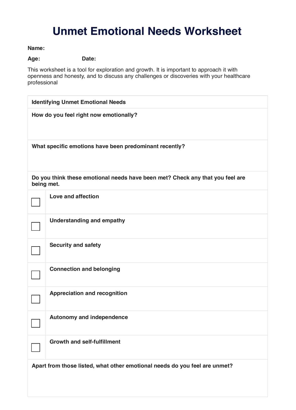 Unmet Emotional Needs Worksheet PDF Example