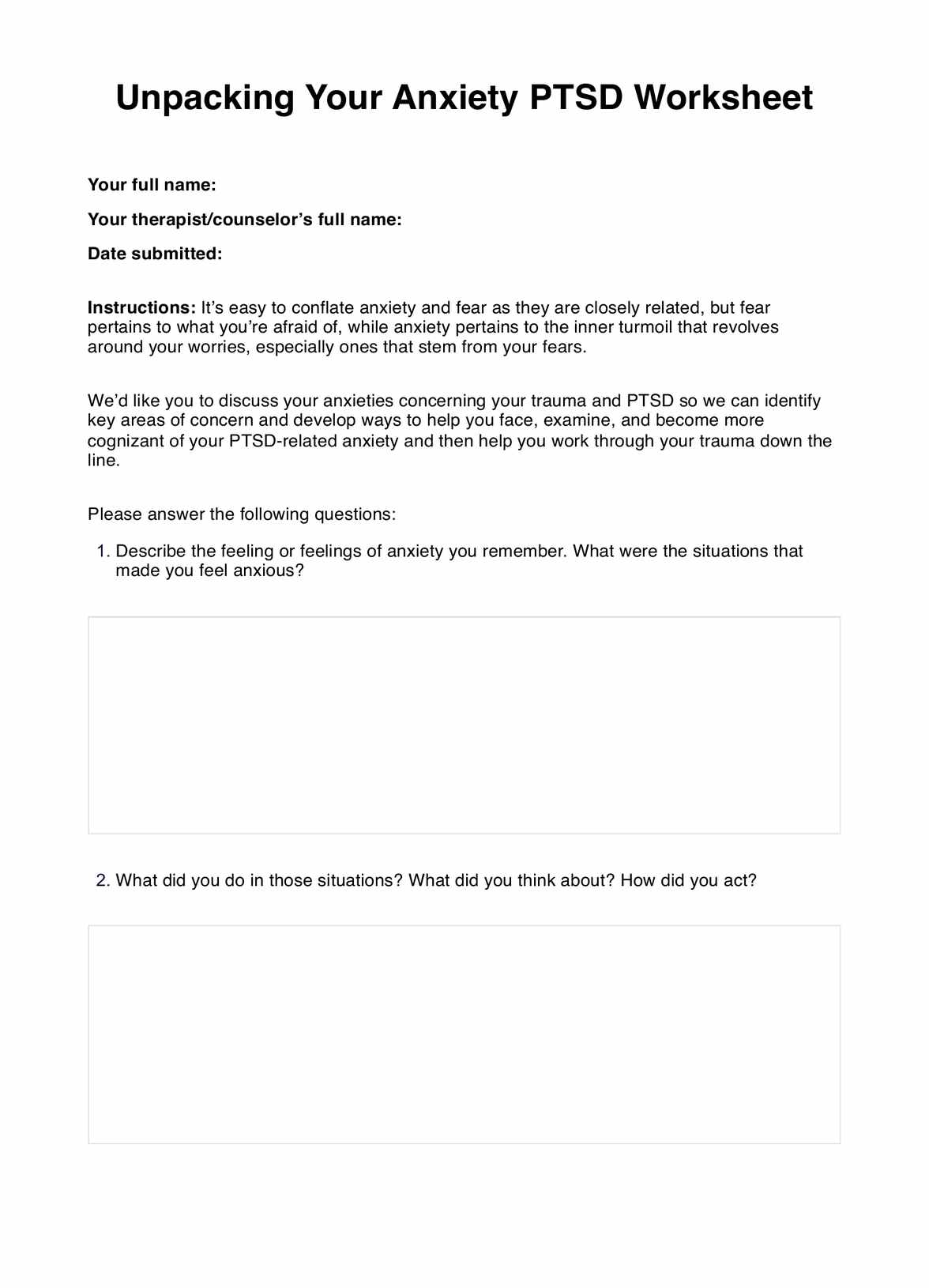 Unpacking Your Anxiety PTSD Worksheet PDF Example