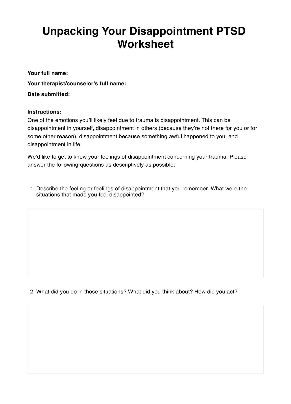 Unpacking Your Disappointment PTSD Worksheet PDF Example
