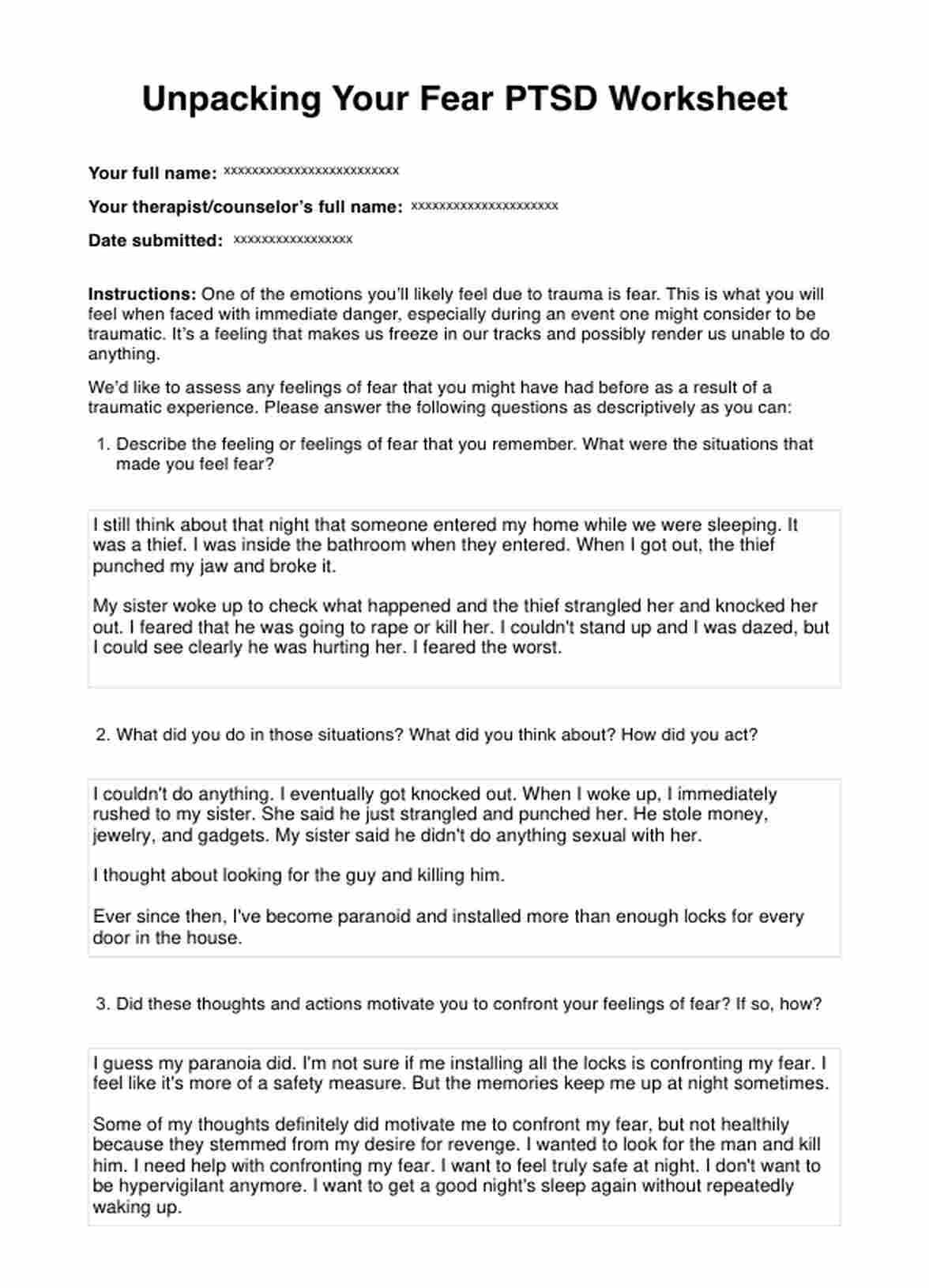Unpacking Your Fear PTSD Worksheet PDF Example