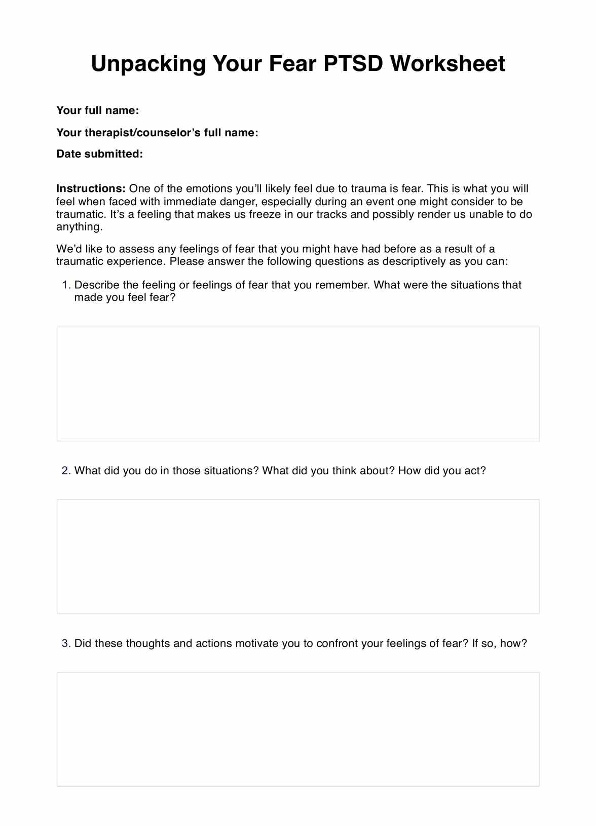 Unpacking Your Fear PTSD Worksheet PDF Example