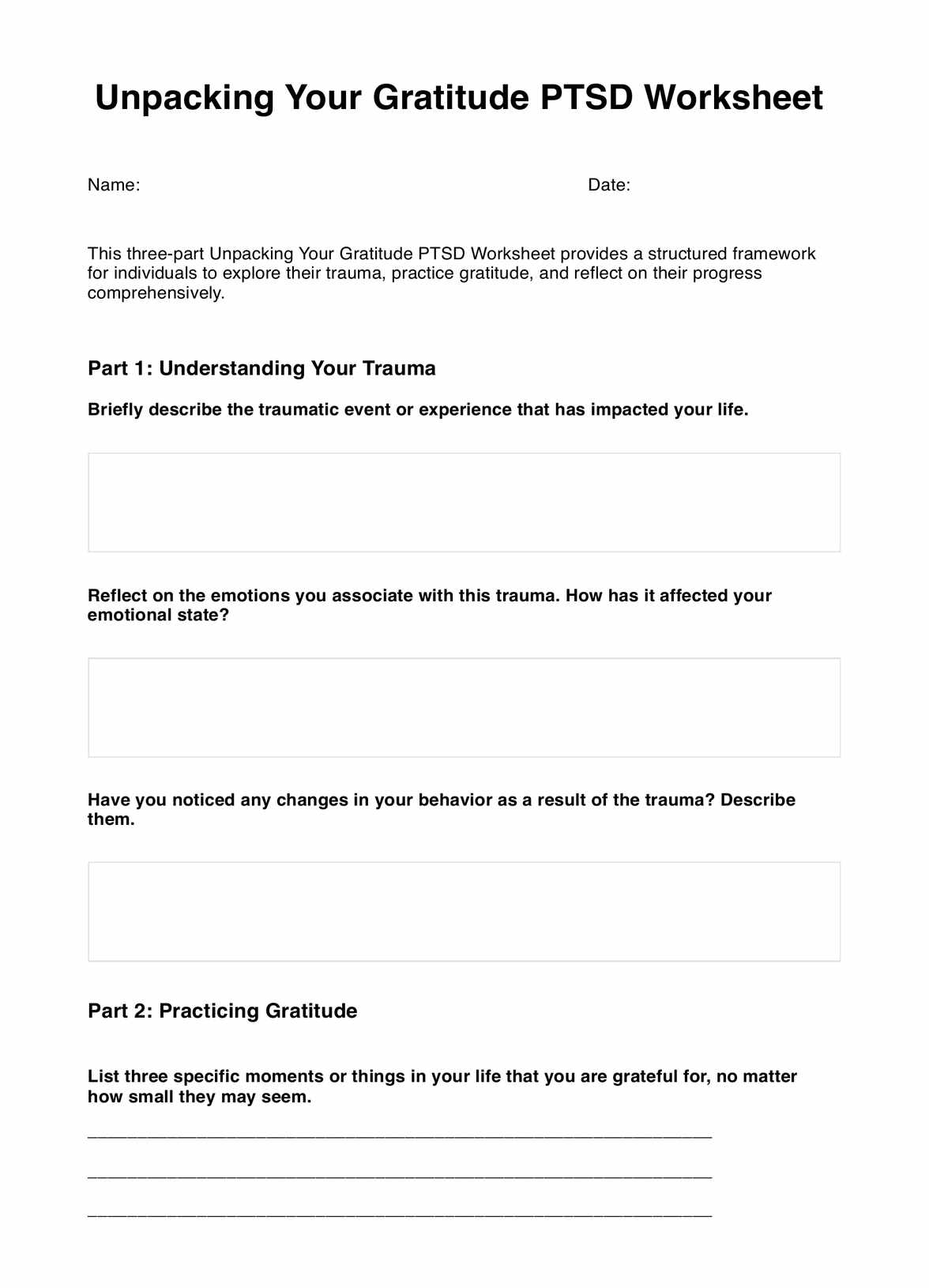 Unpacking Your Gratitude PTSD Worksheet PDF Example