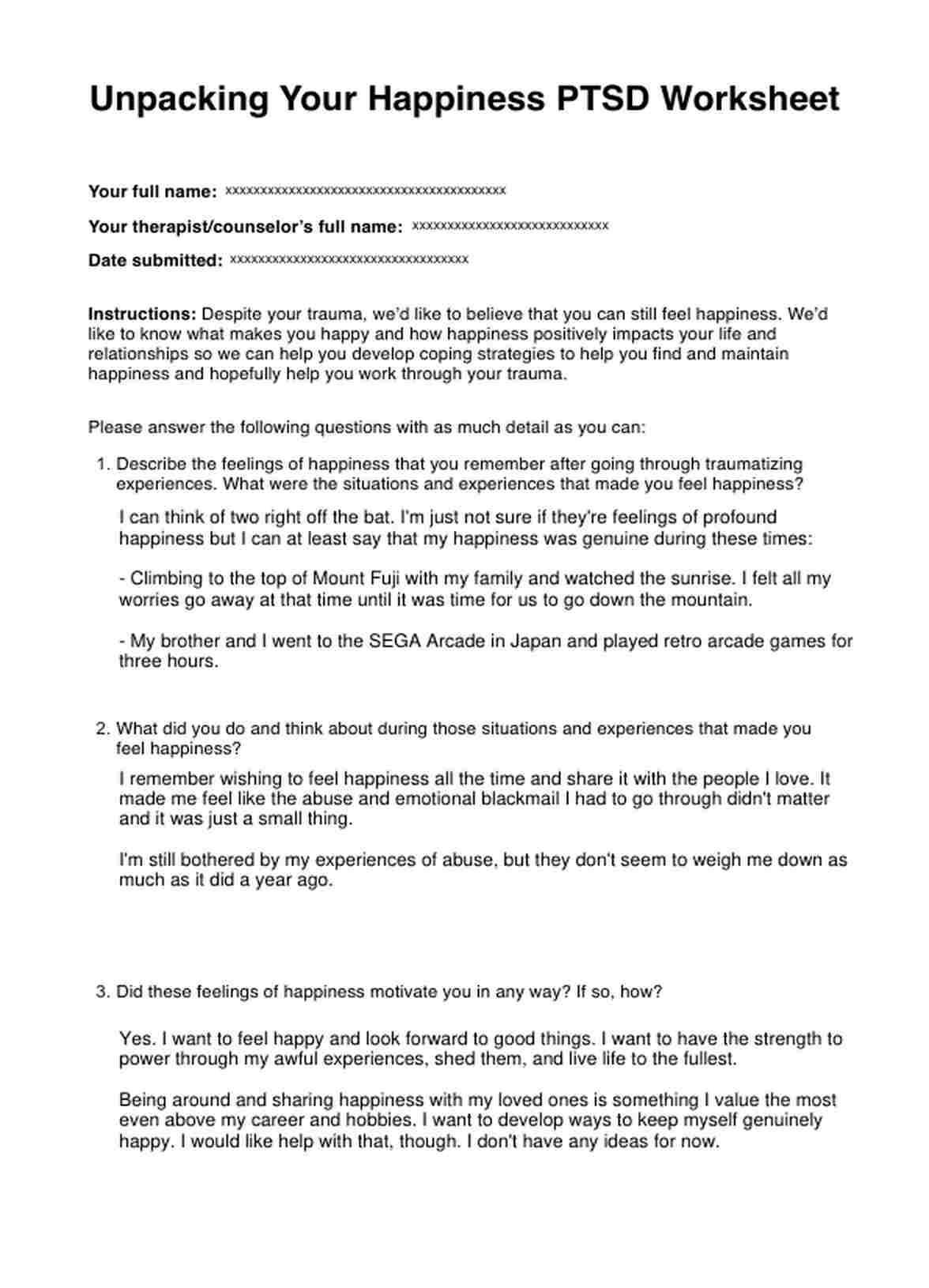 Unpacking Your Happiness PTSD Worksheet PDF Example