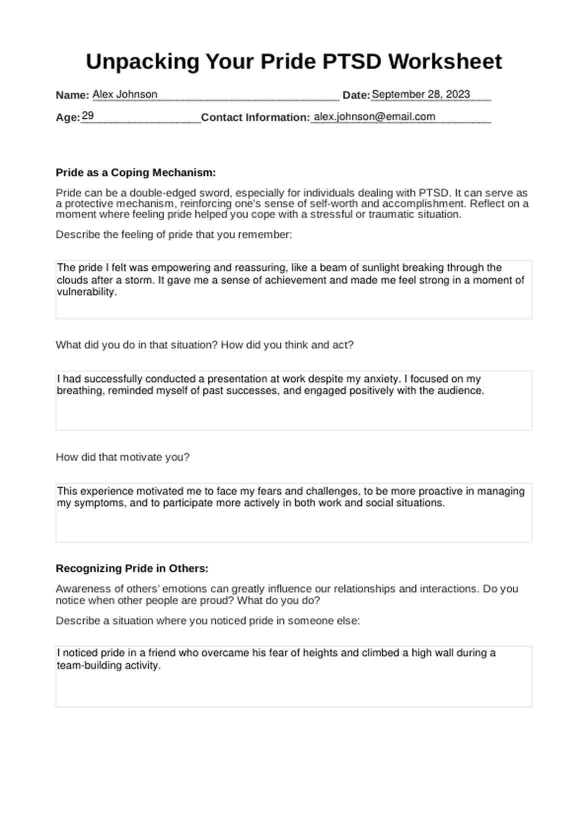 Unpacking Your Pride PTSD Worksheet PDF Example