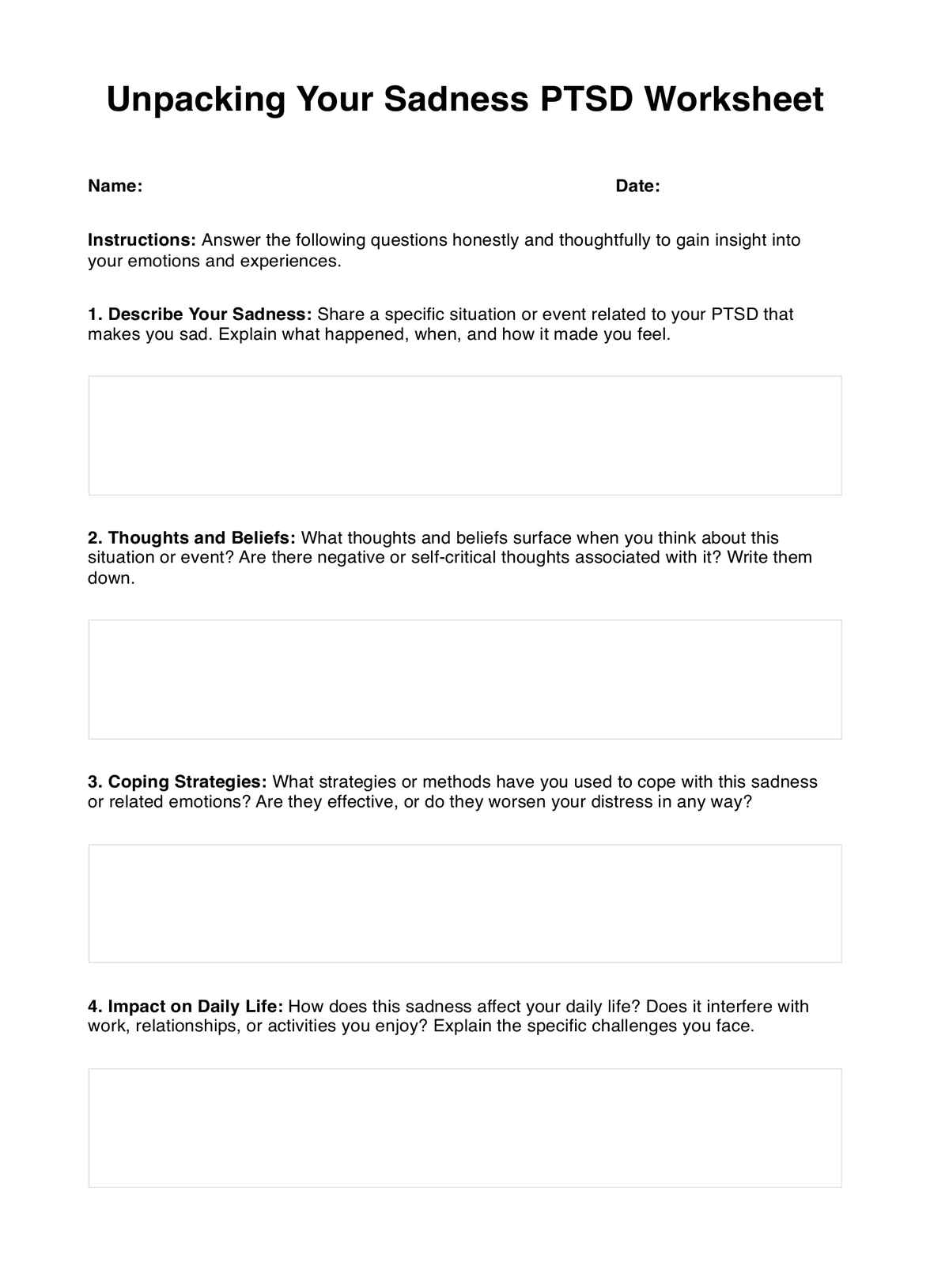 Unpacking Your Sadness PTSD Worksheet PDF Example