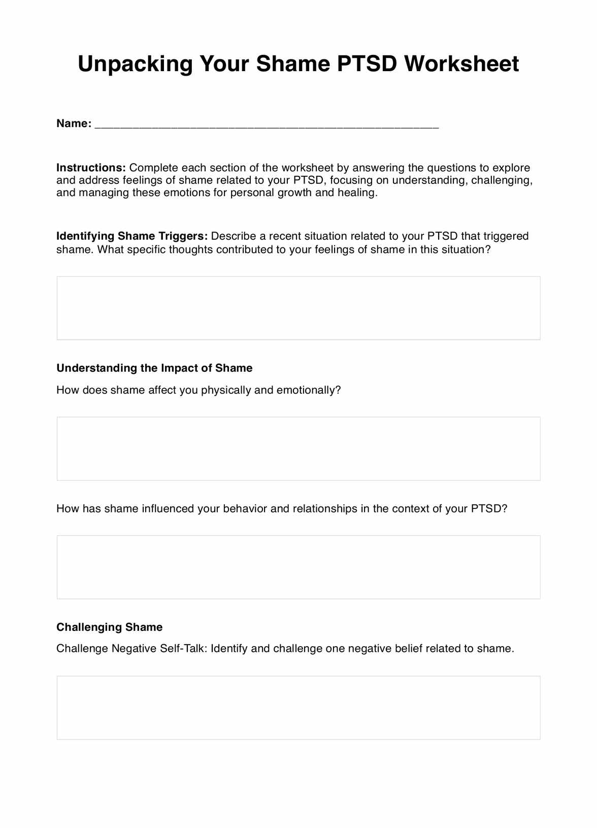 Unpacking Your Shame PTSD Worksheet PDF Example