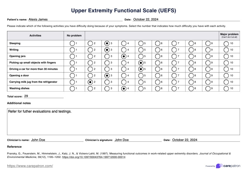 Escala de evaluación de la función de las extremidades superiores (EESS) PDF Example