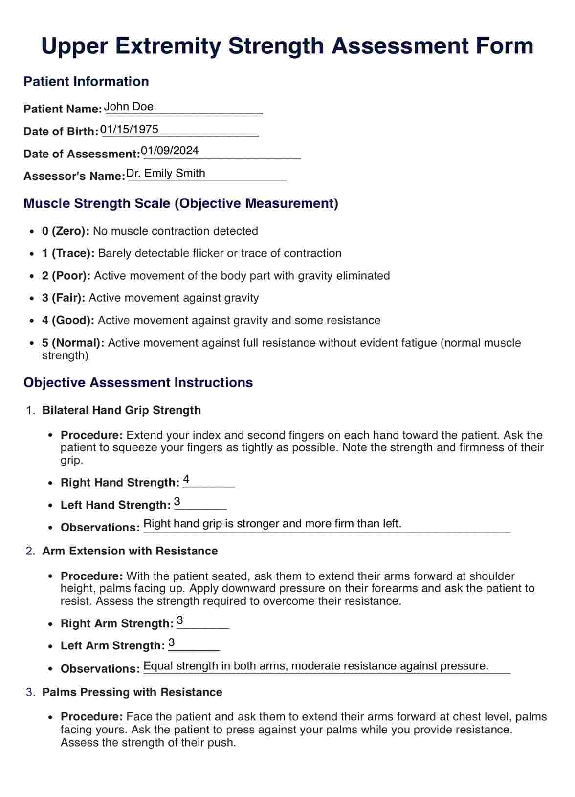 Upper Extremity Strength Assessment PDF Example