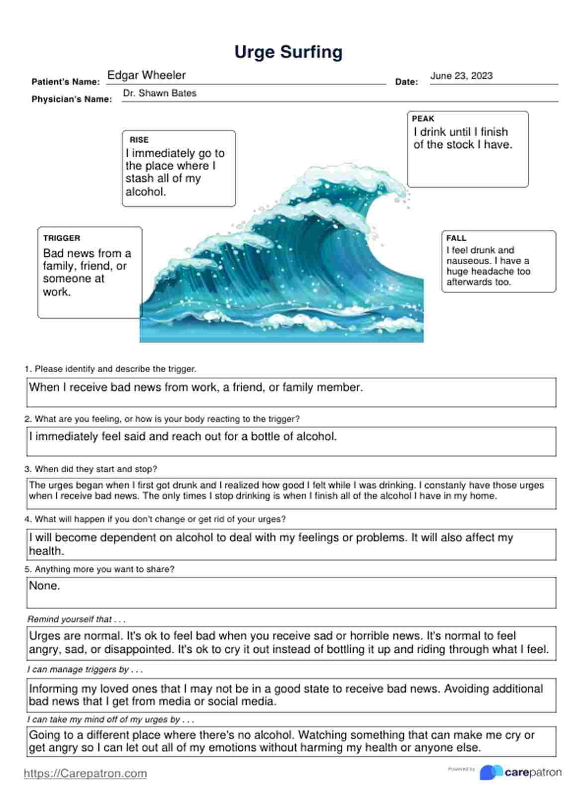 Urge Surfing Worksheet PDF Example