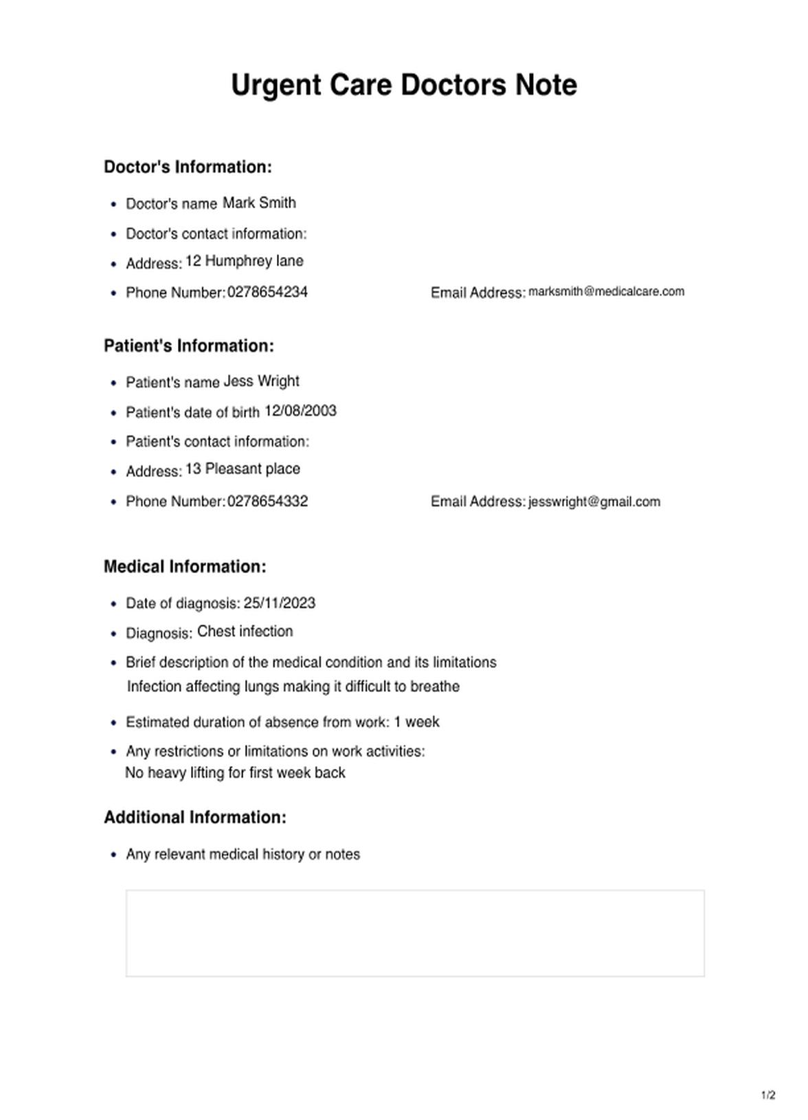 Urgent Care Doctors Note PDF Example