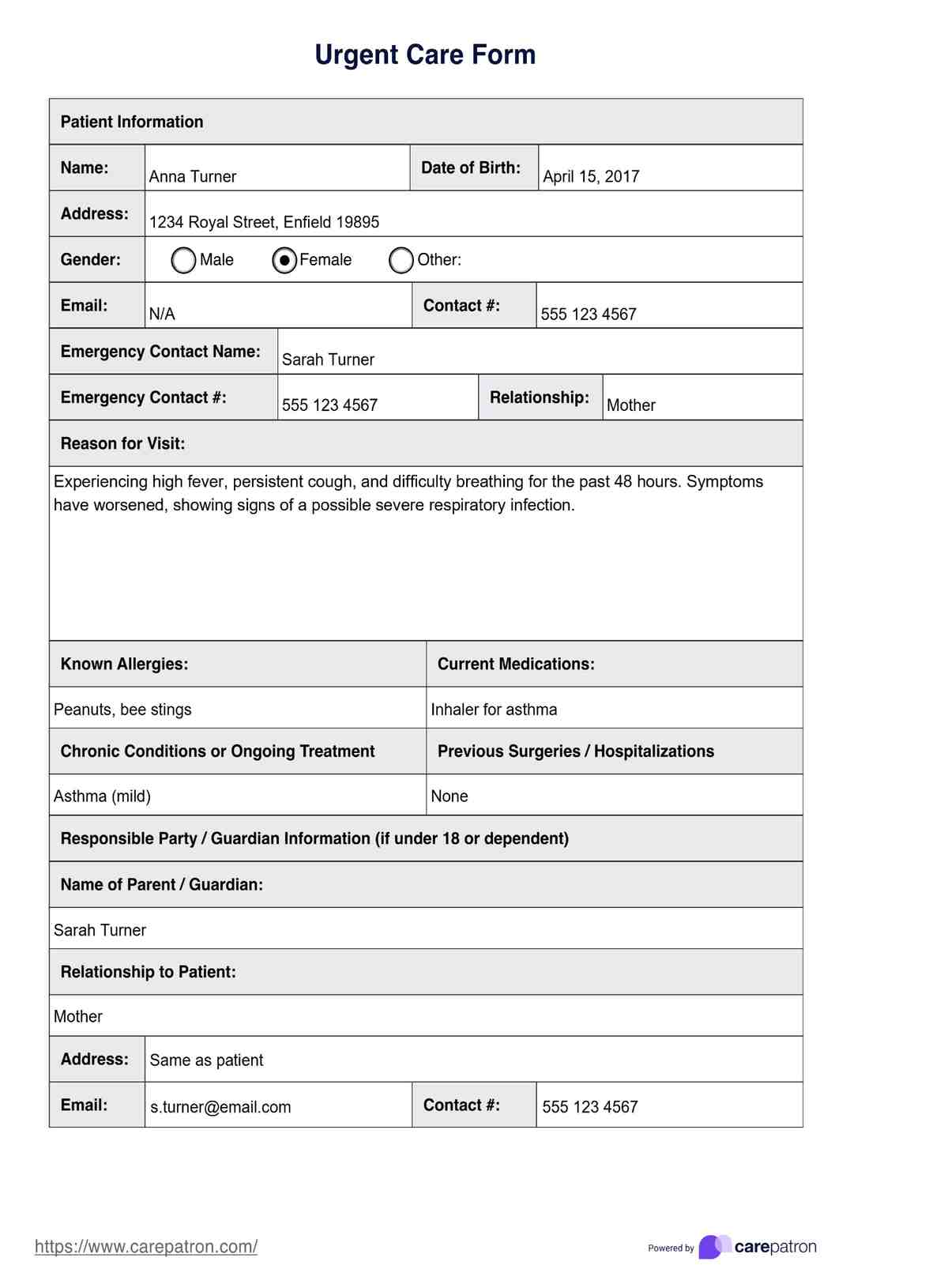Urgent Care Form PDF Example