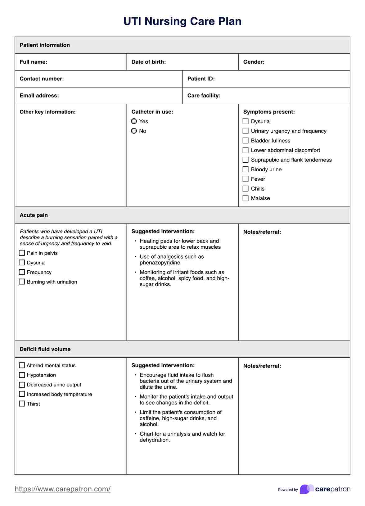 UTI Diet Chart PDF Example