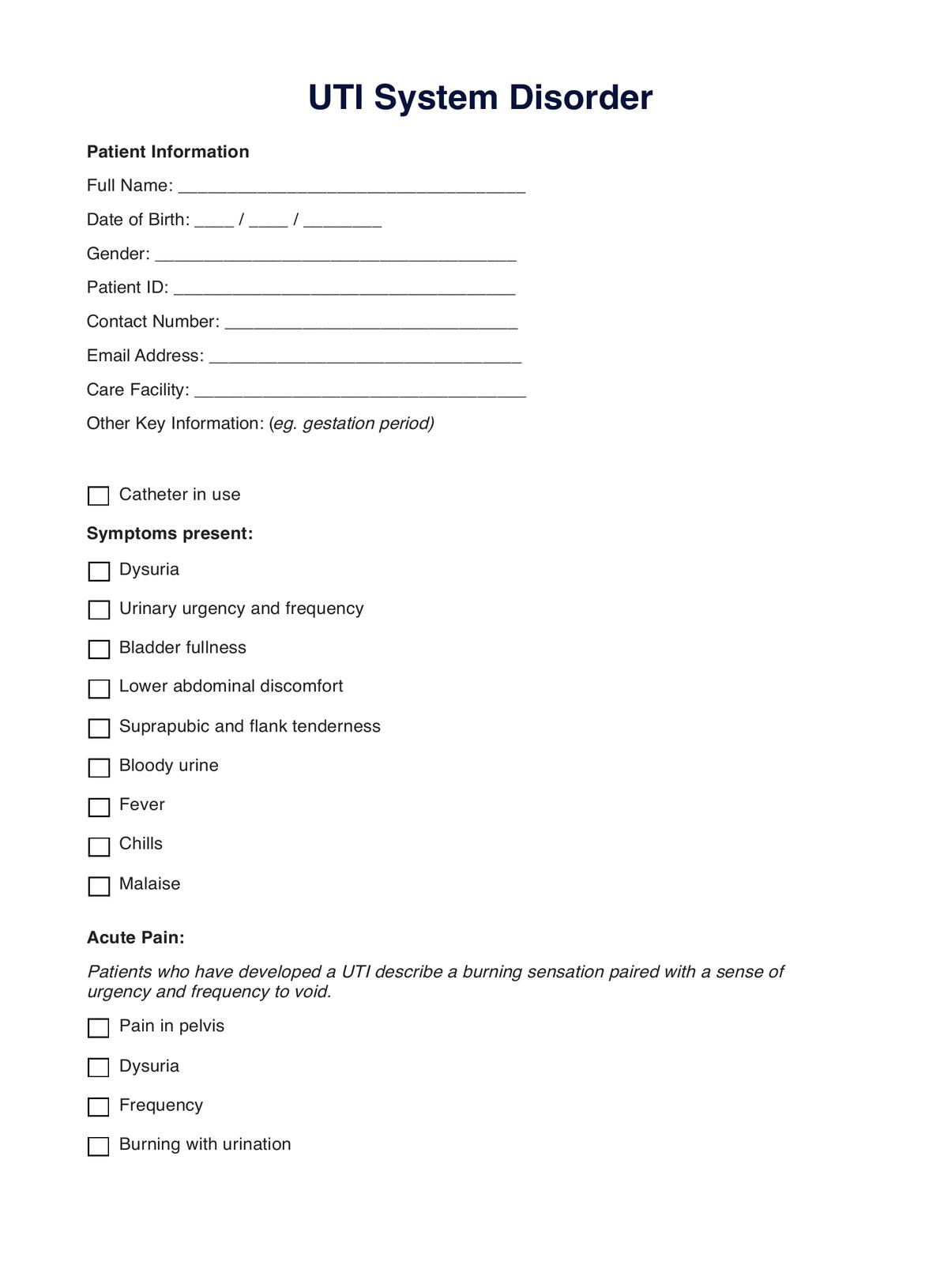 UTI System Disorder Template PDF Example