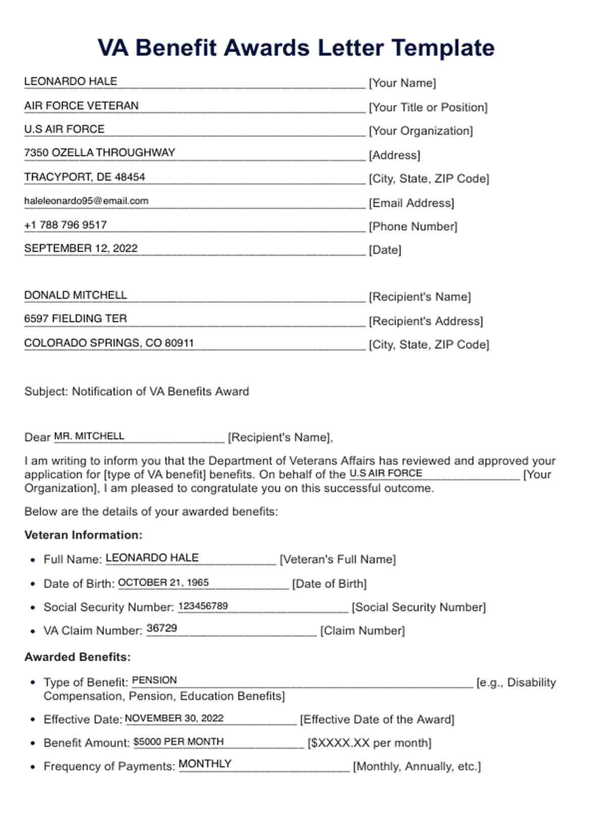 VA Benefits Award Letter PDF Example