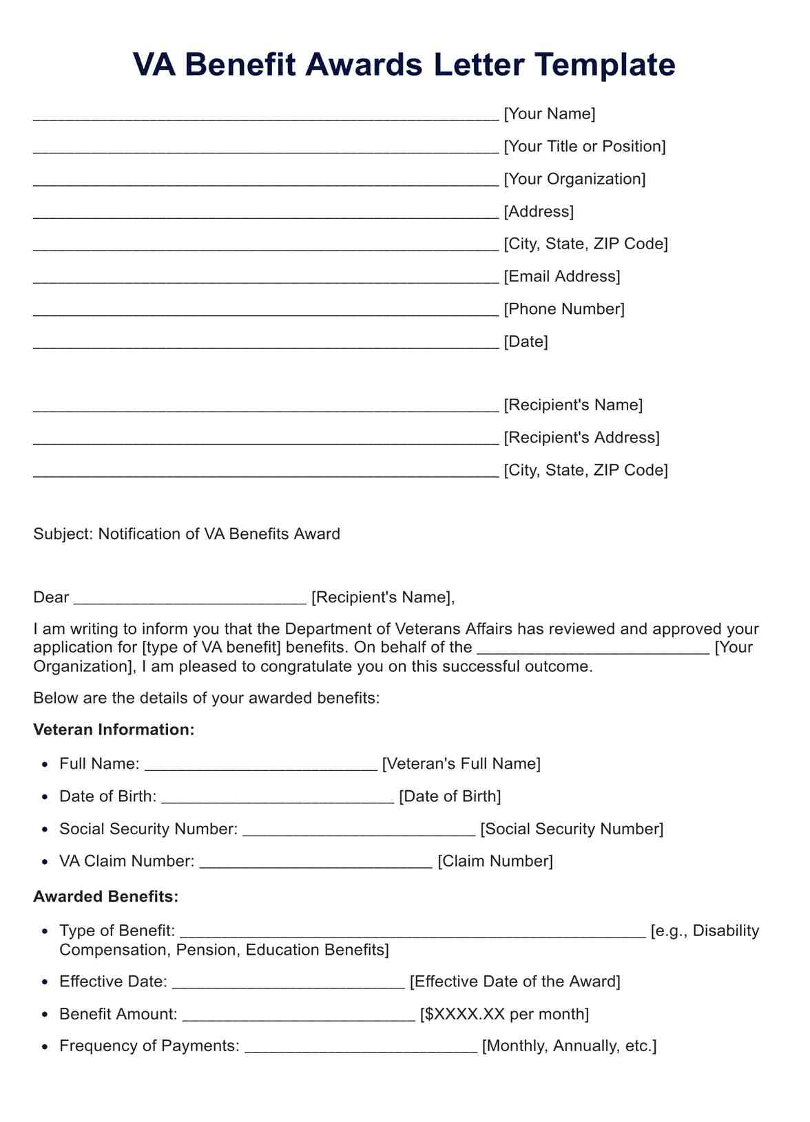 VA Benefits Award Letter PDF Example