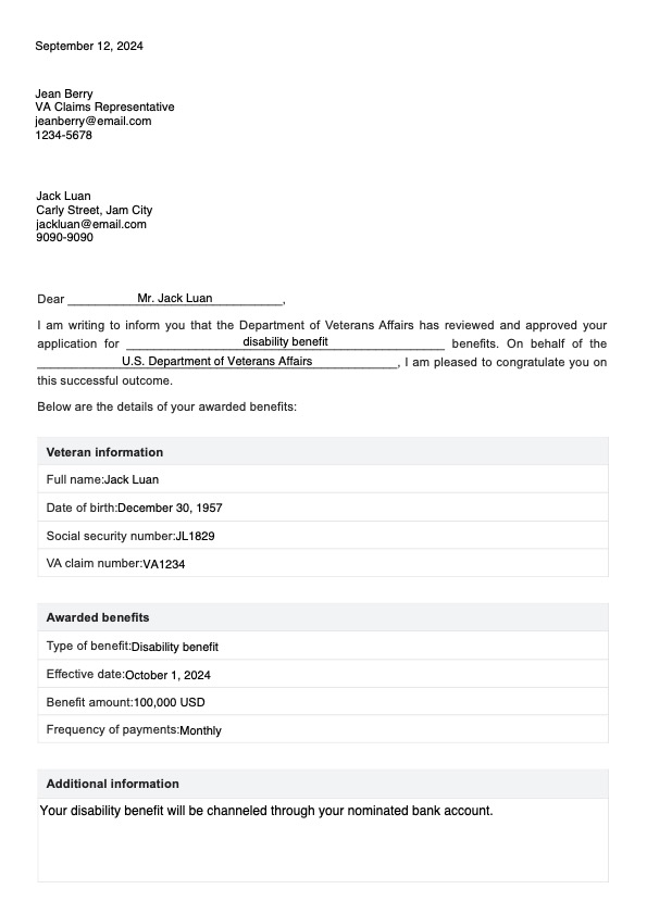 VA-förmånstilldelningsbrev PDF Example