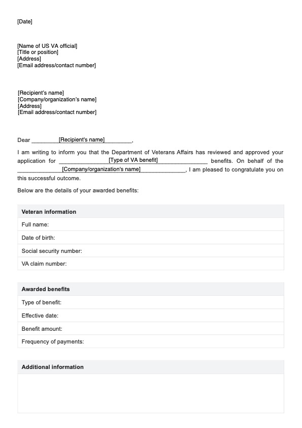 VA-fordelstildelingsbrev PDF Example