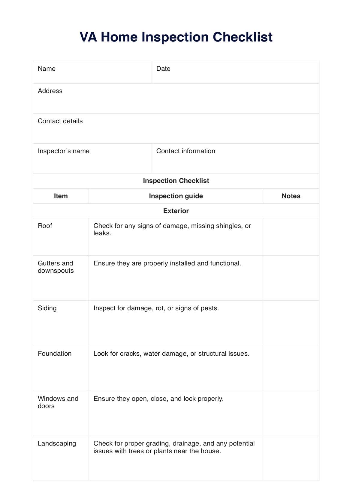 VA Home Inspection Checklist PDF Example