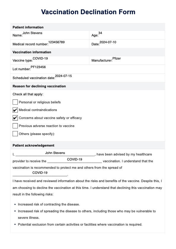 Vaccination Declination Form PDF Example
