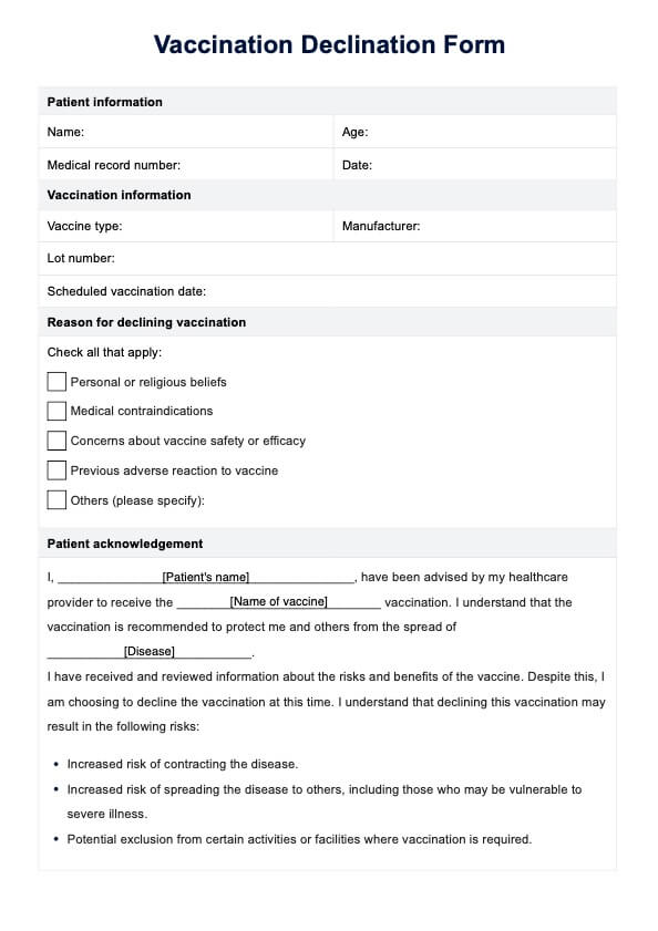 Vaccination Declination Form PDF Example
