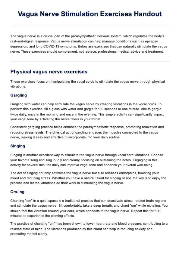 Vagus Nerve Stimulation Exercises Handout PDF Example