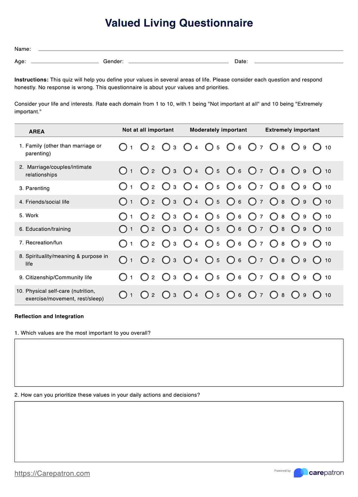 Valued Living Questionnaire PDF Example