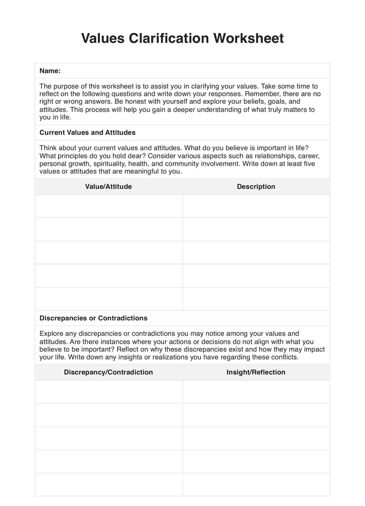 Values Clarification Worksheet PDF Example