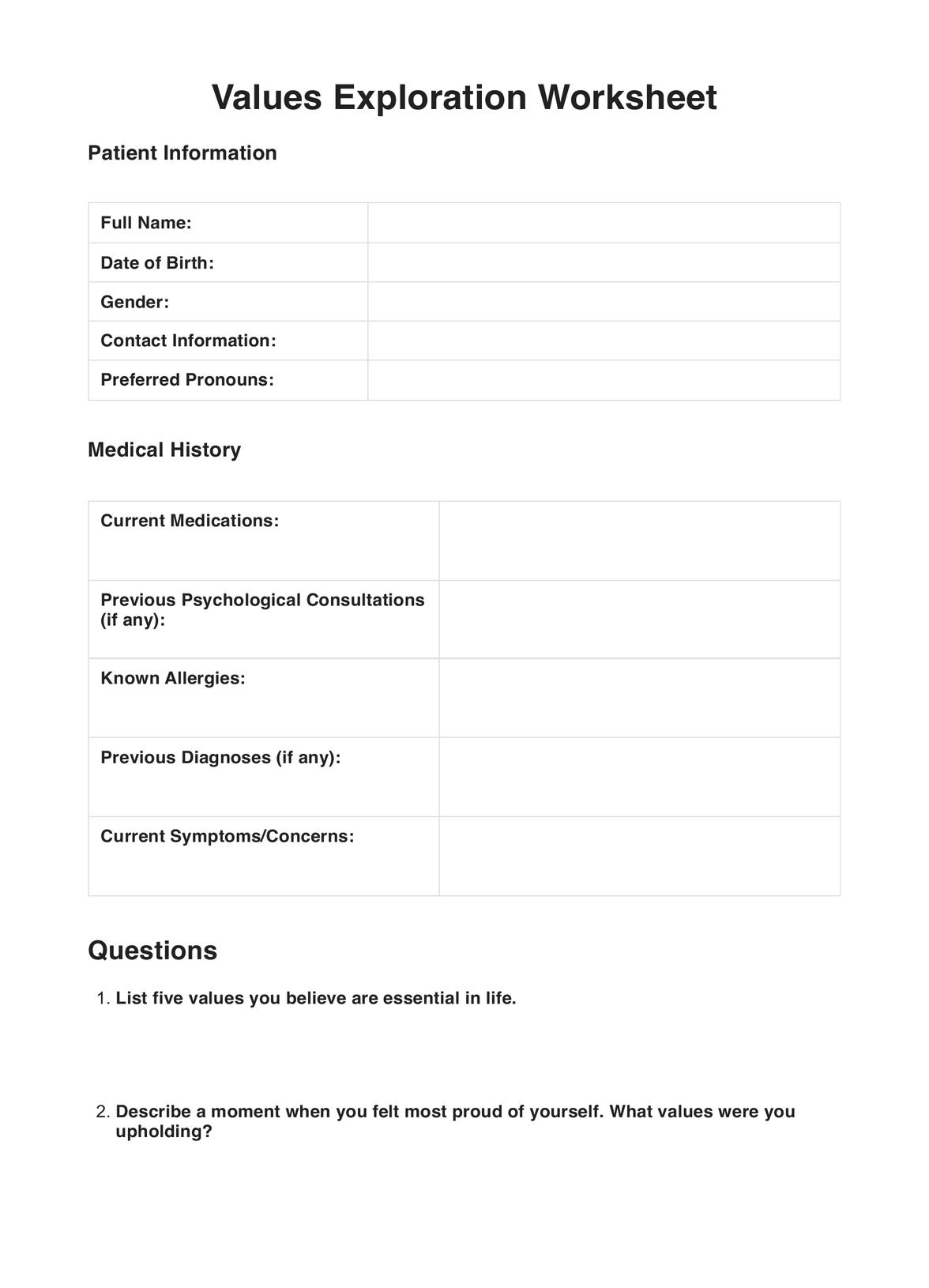 Values Exploration Worksheets PDF Example