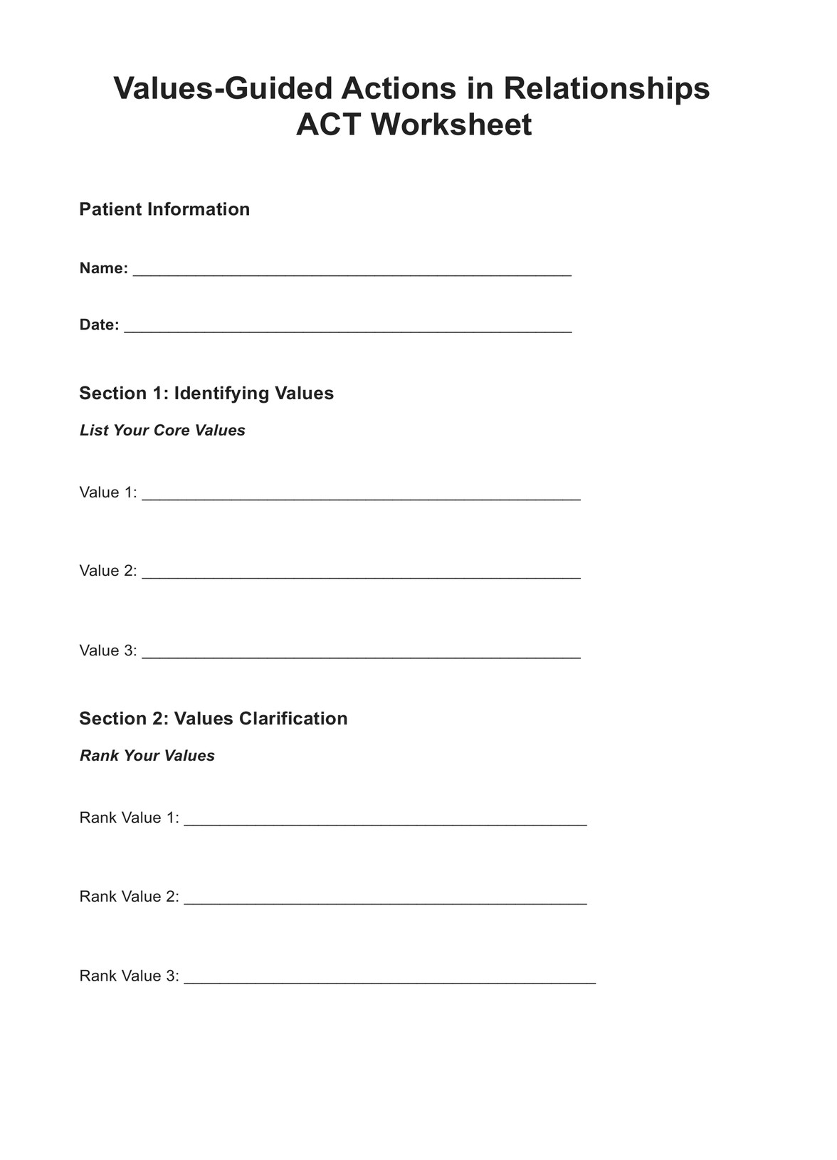 Values-Guided Actions in Relationships ACT Worksheet PDF Example