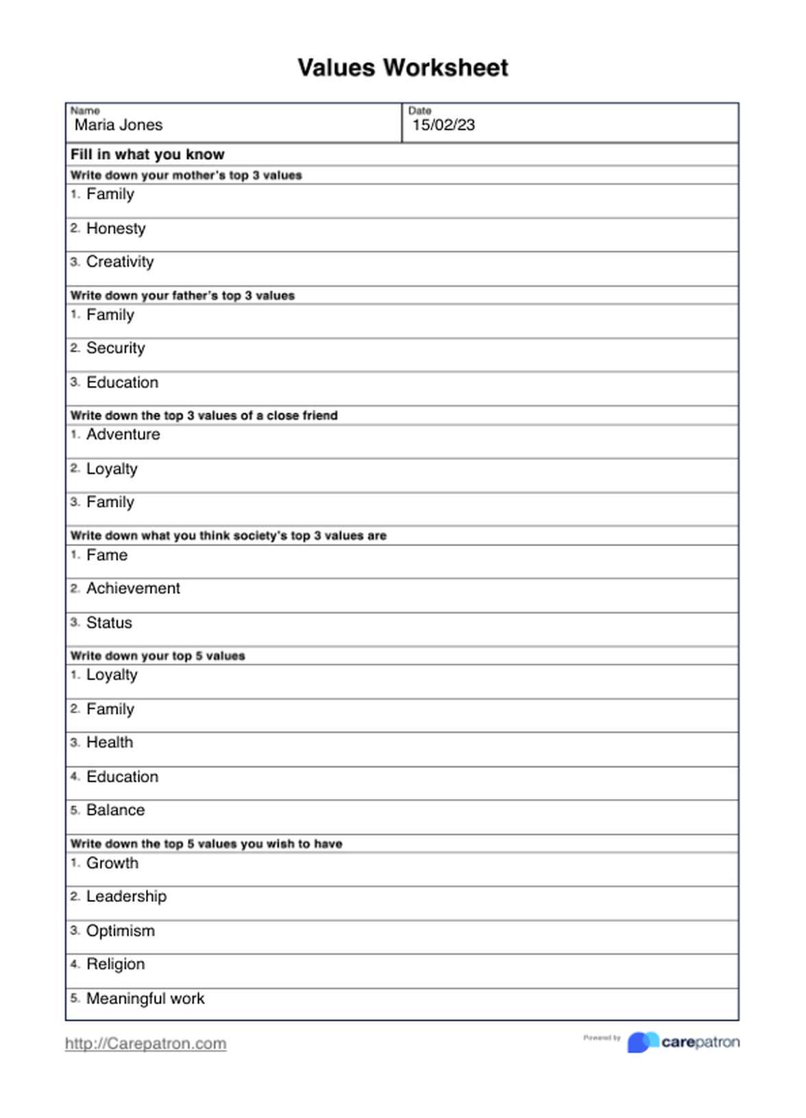 Values Worksheets PDF Example