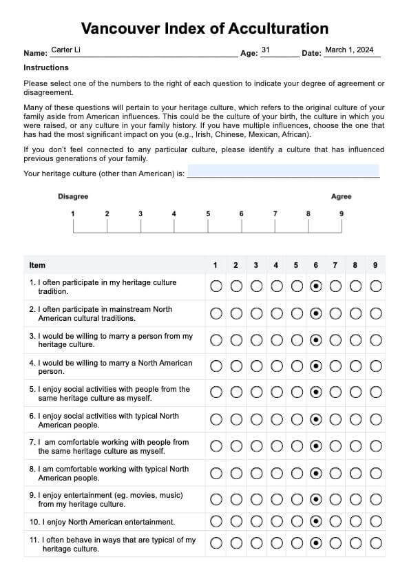 Vancouver Index of Acculturation PDF Example