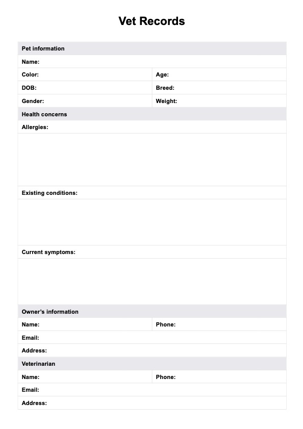 Vet Records Template  PDF Example