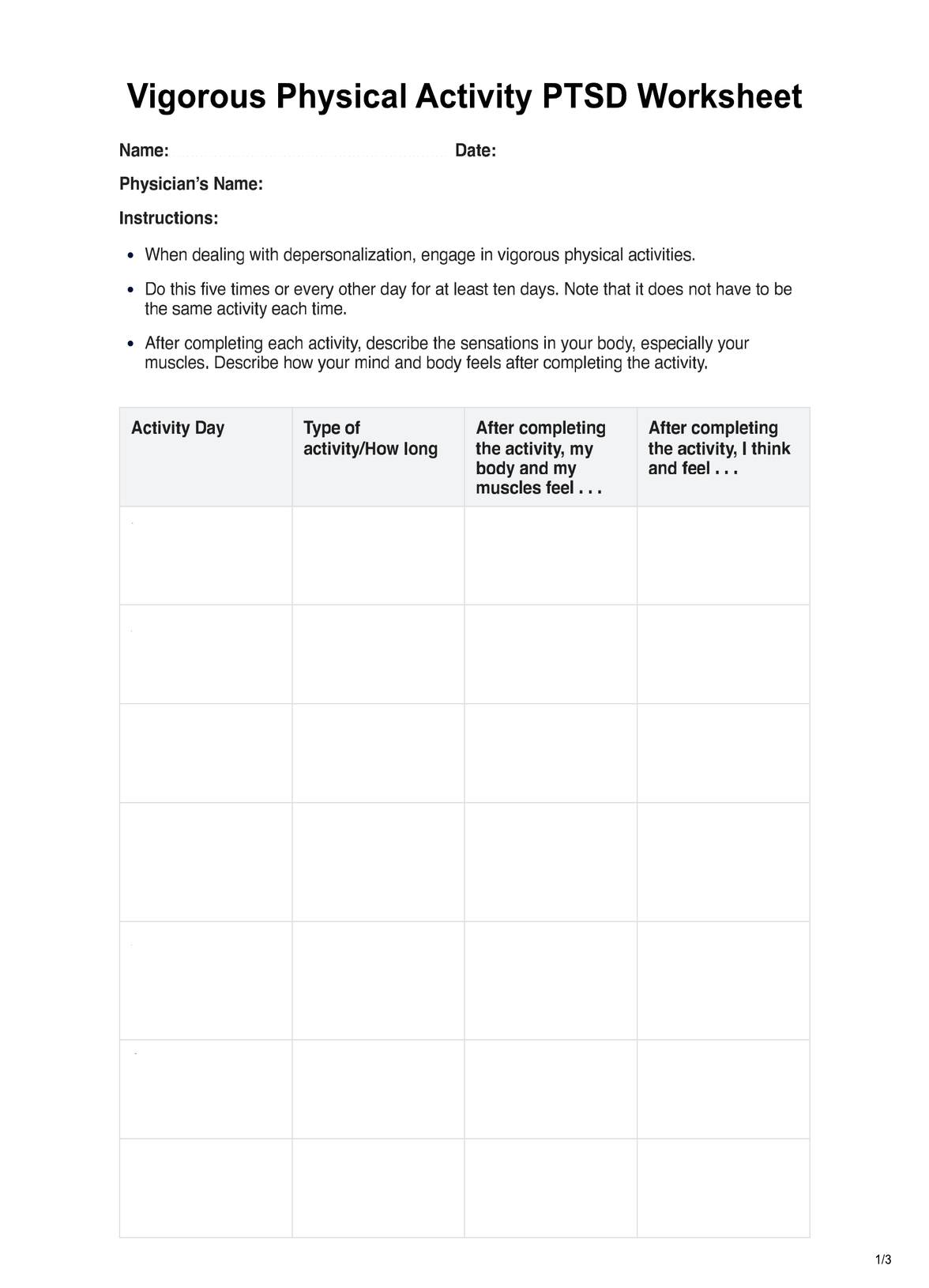 Vigorous Physical Activity PTSD Worksheet PDF Example
