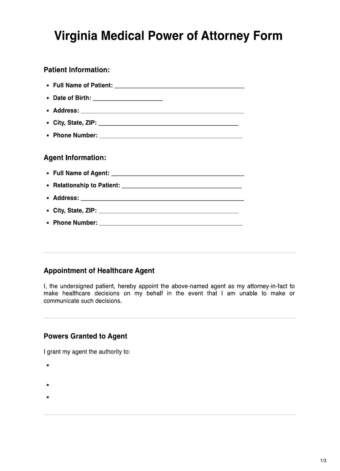 Virginia Medical Power of Attorney Form PDF Example