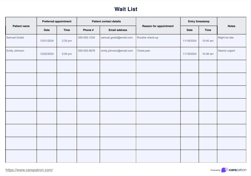 Wait List Template PDF Example