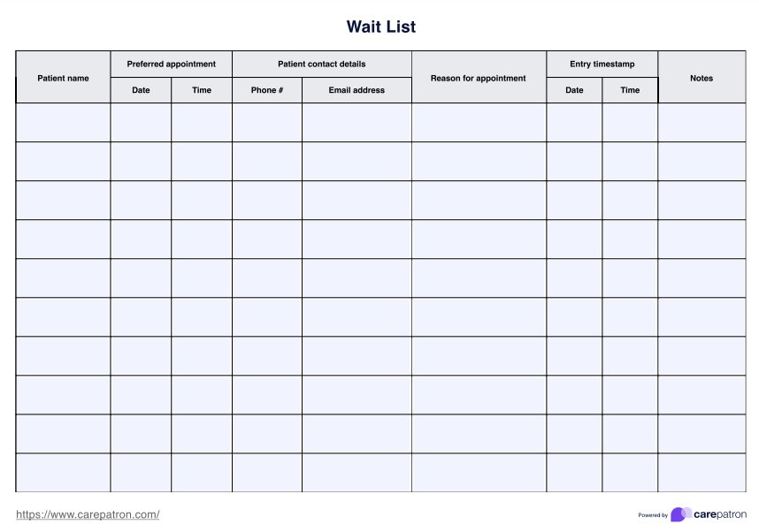 Wait List Template PDF Example