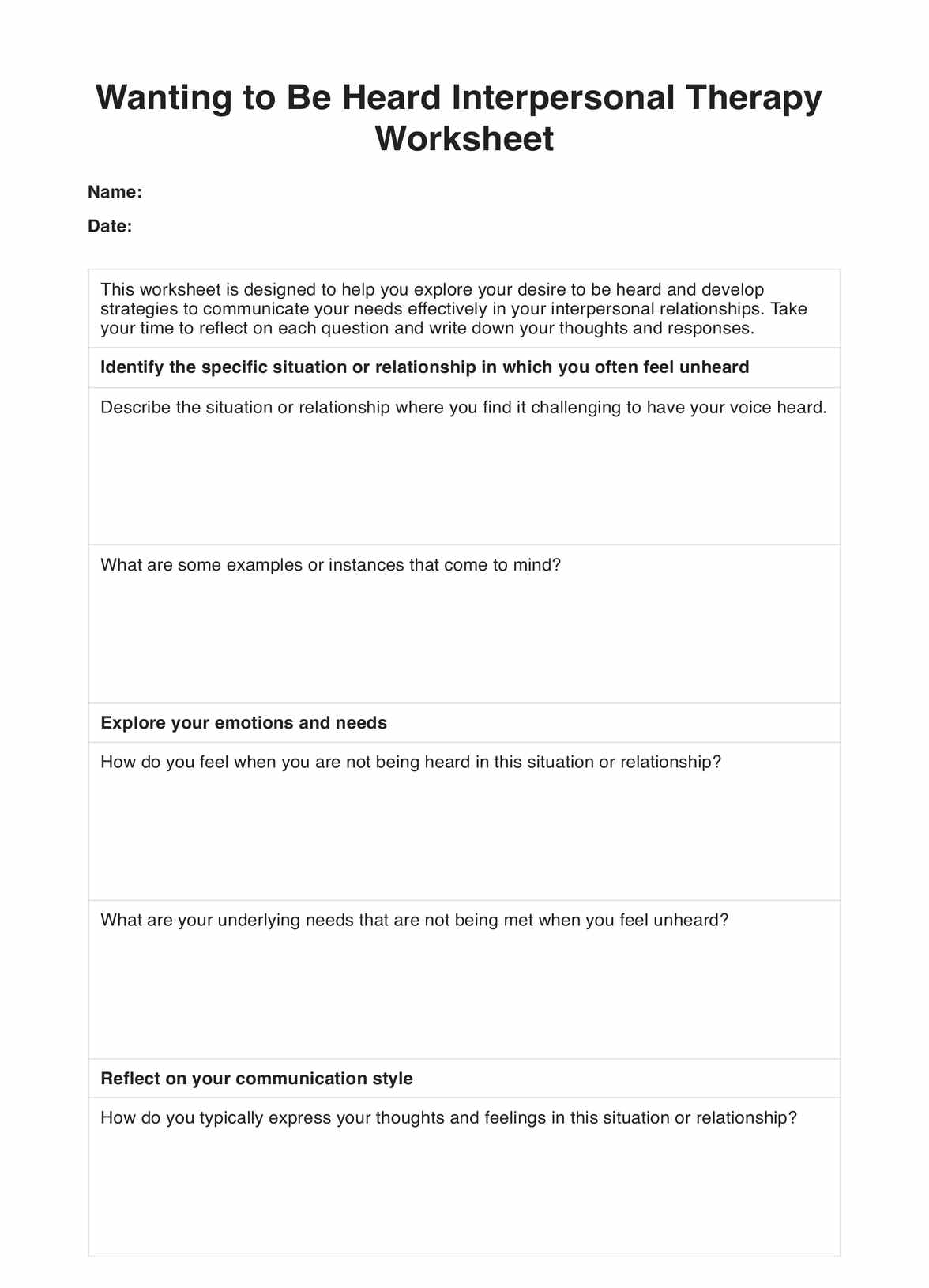Wanting to be Heard Interpersonal Therapy Worksheet PDF Example
