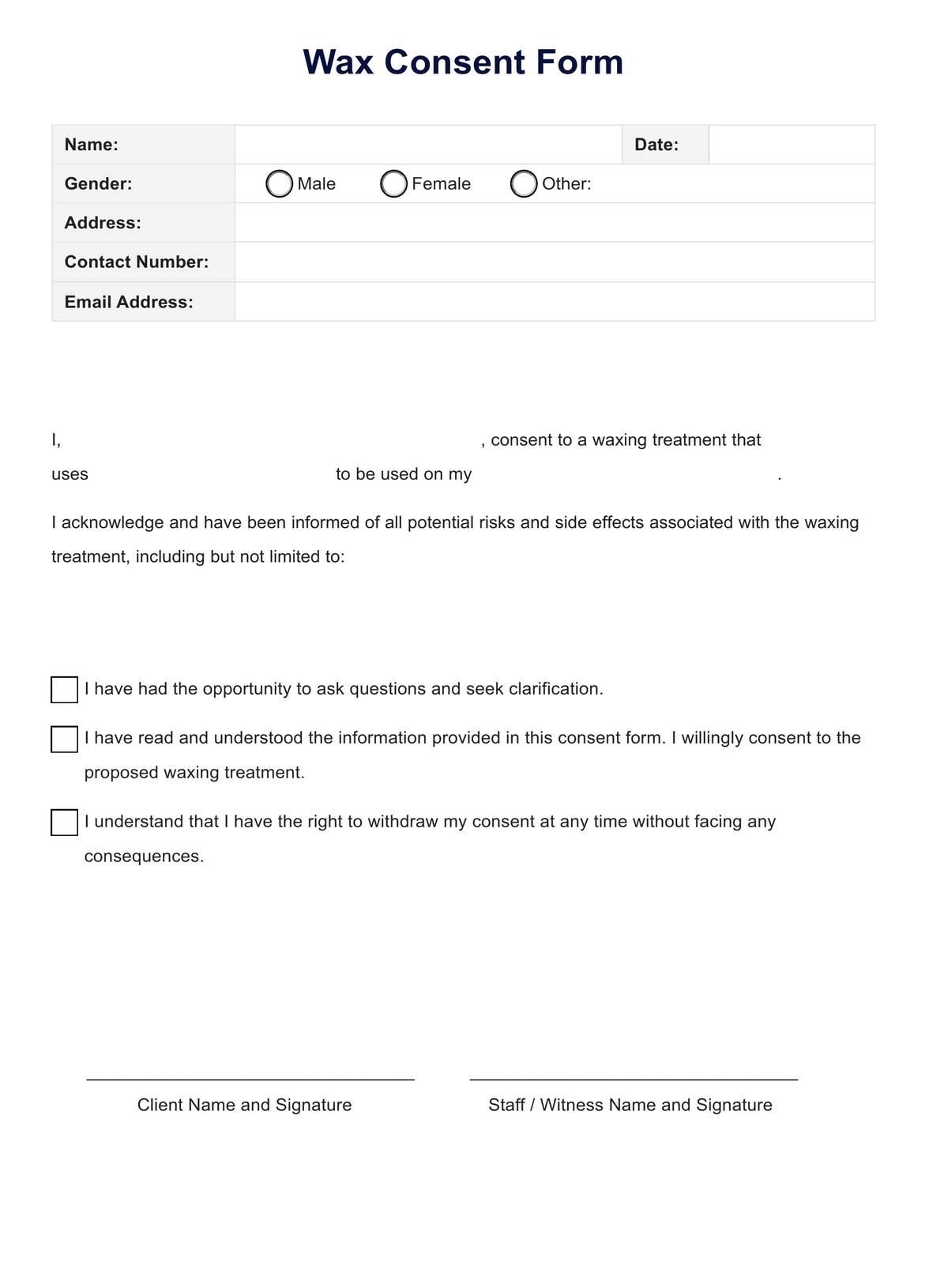 Wax Consent Form PDF Example