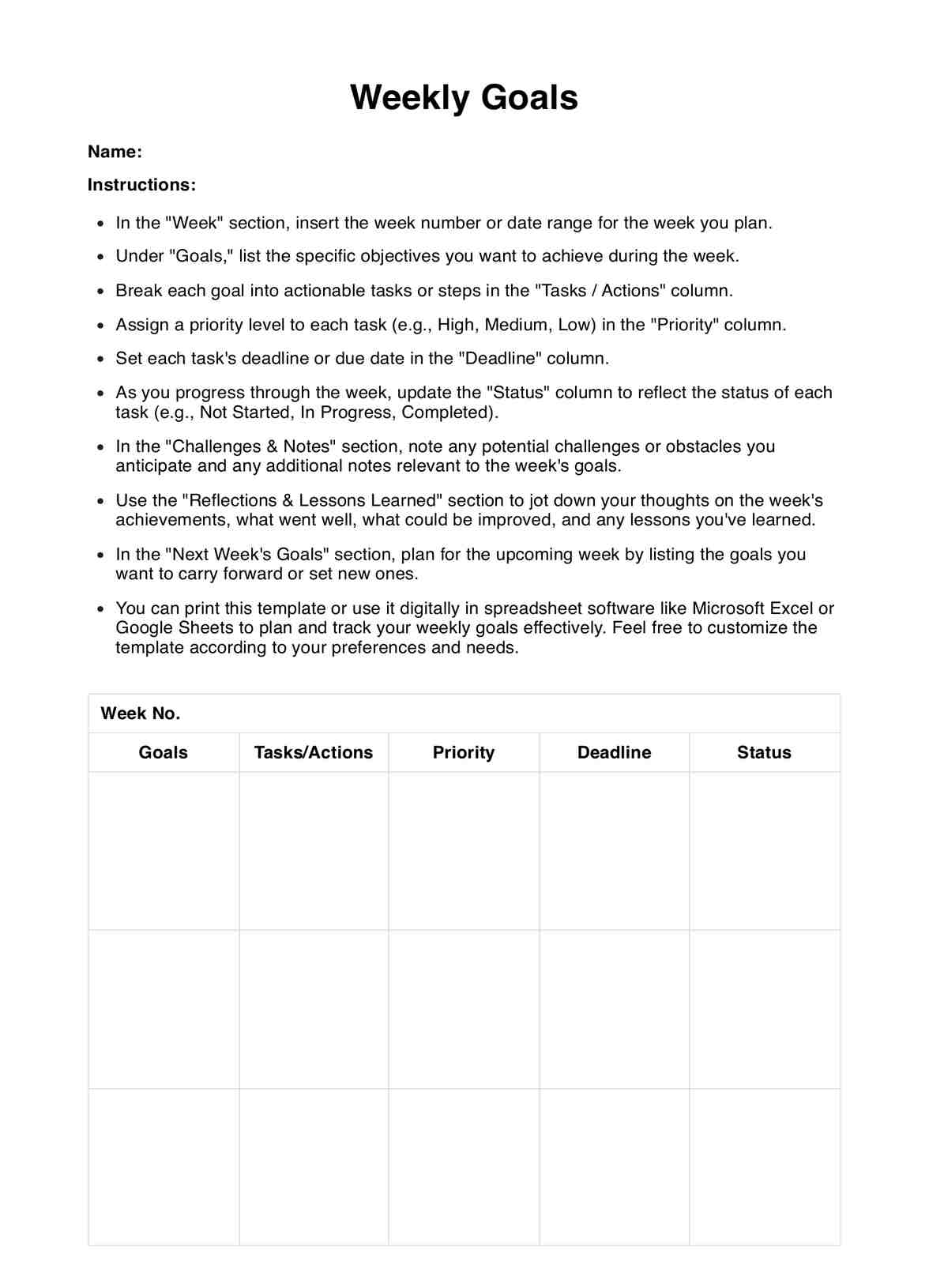 Weekly Goals Template PDF Example