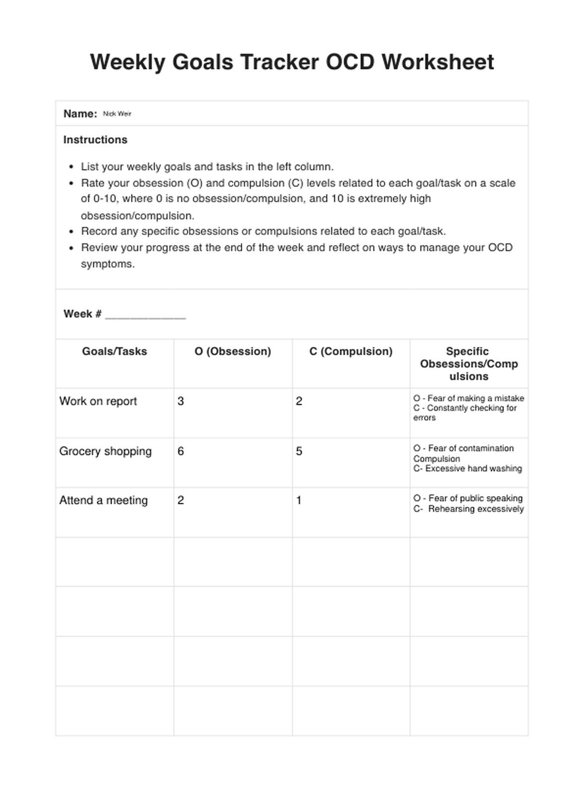 Weekly Goals Tracker OCD Worksheets PDF Example