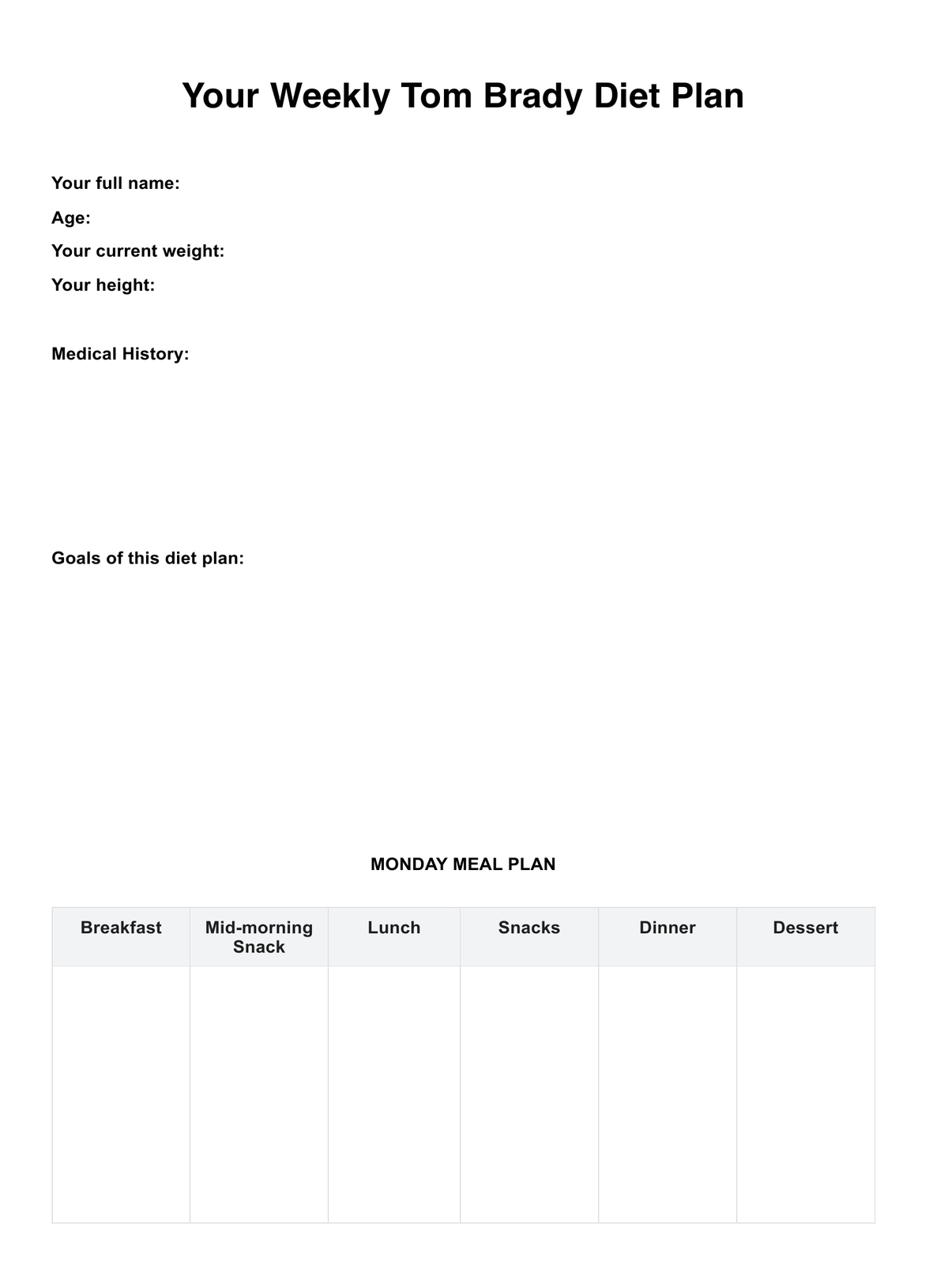 Tom Brady Diet Plan PDF Example