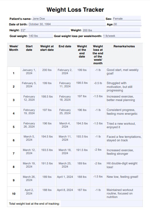 Hoja de monitoreo de pérdida de peso PDF Example