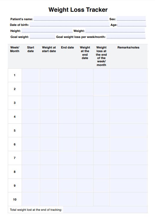 Hoja de monitoreo de pérdida de peso PDF Example